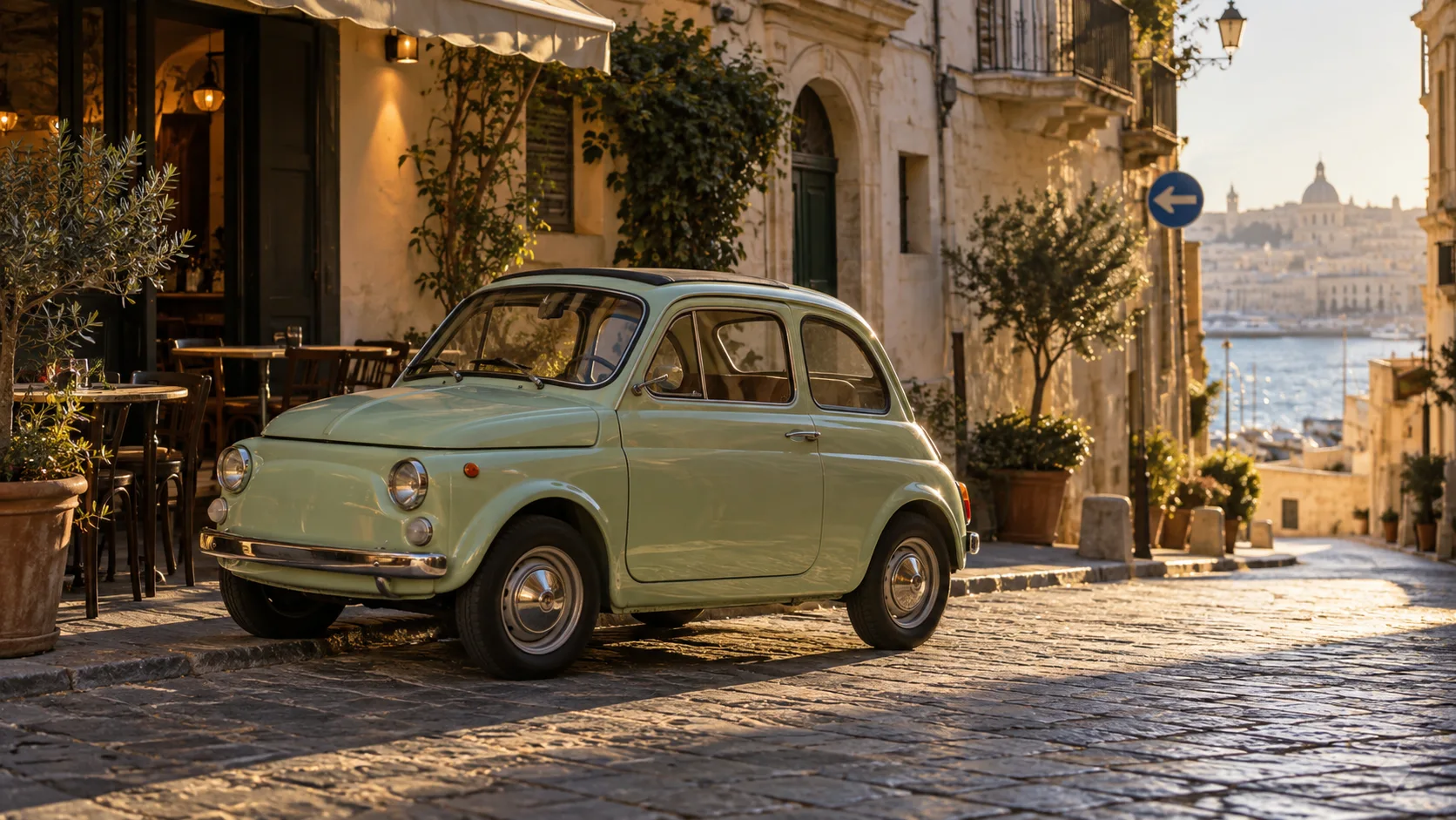 A pale green city car parked on a sunlit street